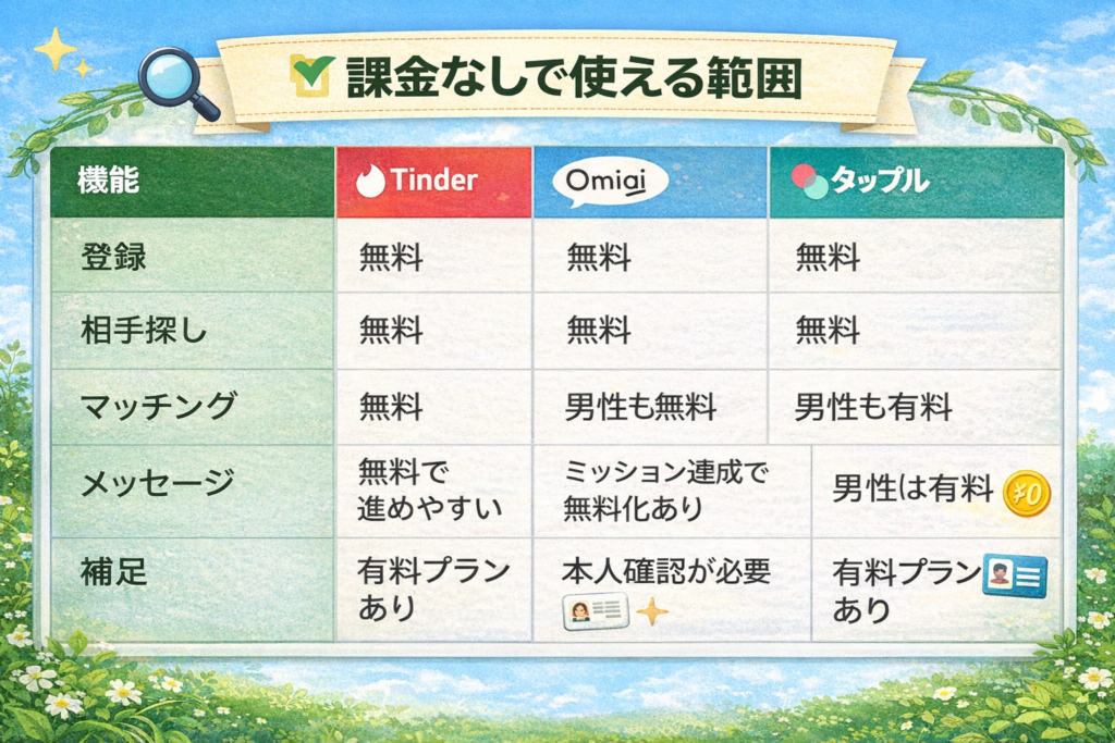 課金なしで使える範囲の表